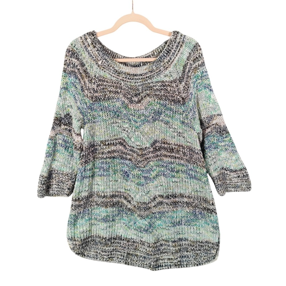 J. Jill Womens Earthy Coastal Space Dye Knit Sweater L Blue Green 3/4 Sleeve